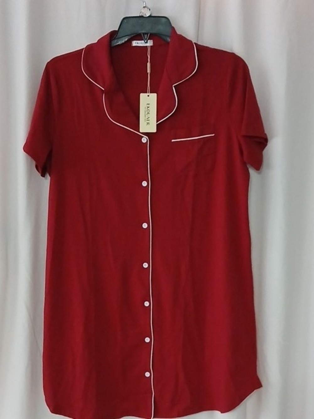 Women's Red Button-Front Short Sleeve Nightshirt with Contrast Piping